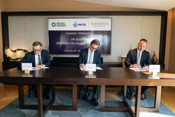 Officials of Sungrow, PensoPower, BW ESS sign agreement for the Bramley BESS project in the UK.