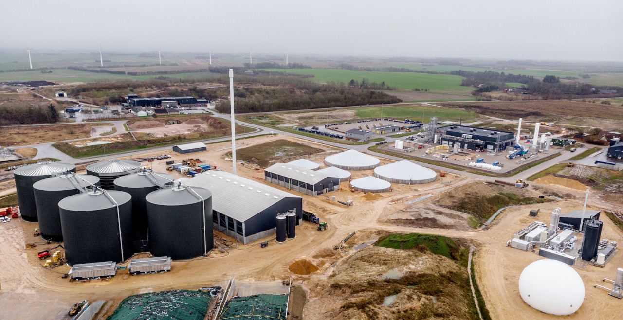 An aerial view of Lhyfe’s onsite renewable green hydrogen park in Denmark.