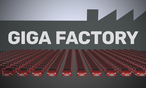An artistic image of giga factories showing electric vehicles coming out of giga factories