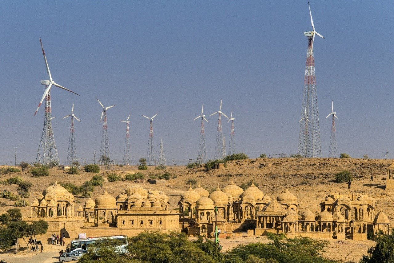 The state of Rajasthan, surrounded by wind generators.